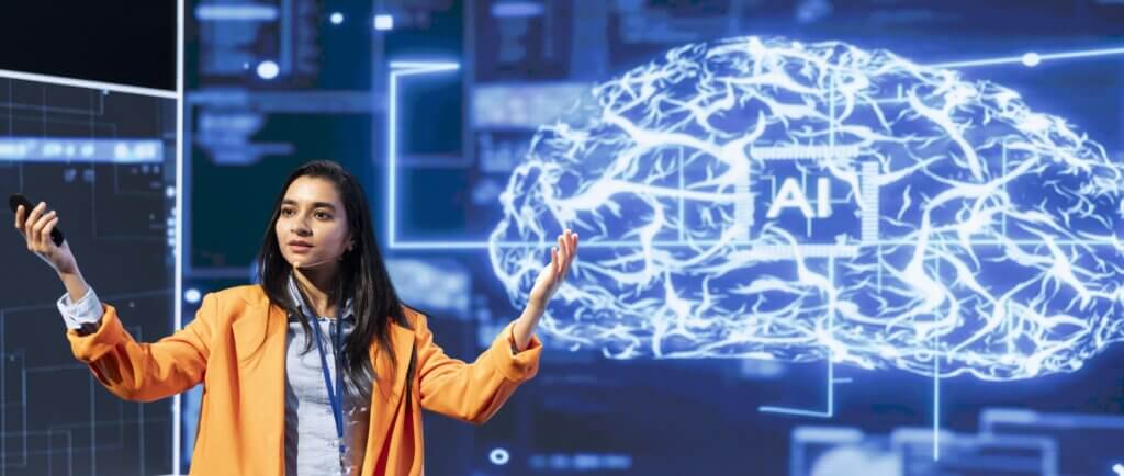 Ilustración de inteligencia artificial generativa con elementos digitales conectados